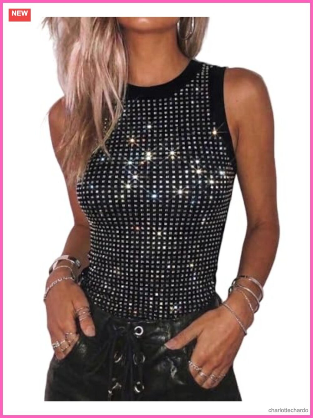 Rhinestone Tank Top Sleeveless Slim Fit Ribbed Summer Party Top